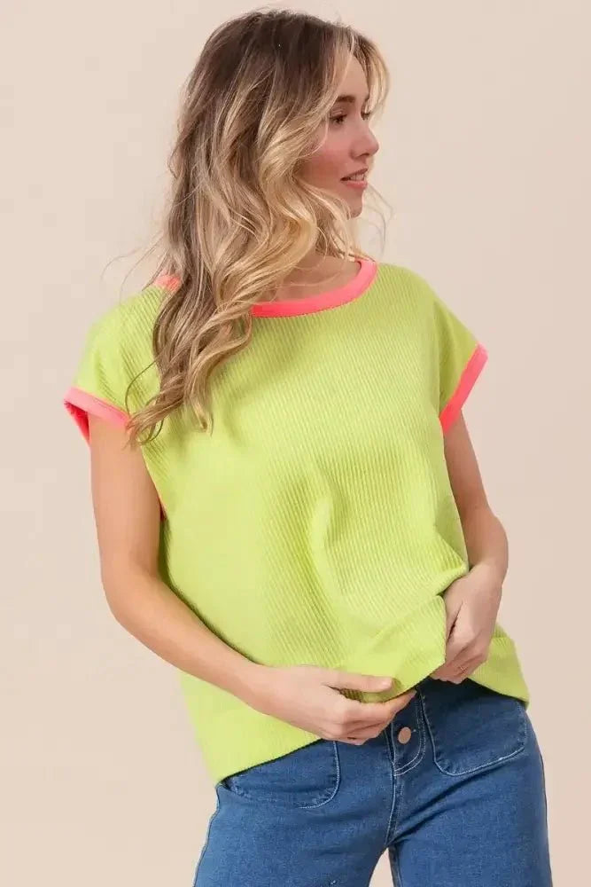 BiBi Cord Rib Knit Contrast Banded Top - Update AvenueT-ShirtsTrendsi100100806191478100100806191478162a25b887644d3bb5b9a215828603b4 - Max - OriginLIME/NEON PINK