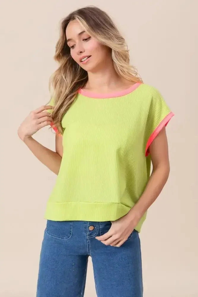 BiBi Cord Rib Knit Contrast Banded Top - Update AvenueT-ShirtsTrendsi100100806191478100100806191478e6bc5c05faef48fcb62f3cecd2a6cfa5 - Max - OriginLIME/NEON PINK