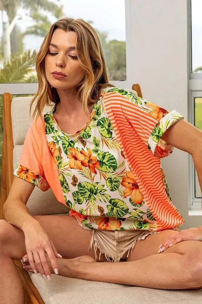 BiBi Floral W Stripe Color Block Dolman Sleeves Top - Update AvenueT-ShirtsTrendsi10010052182175010010052182175007d1ddf178854627a7fb8d92c5a02e1f - Max - OriginNEON ORANGE COMBO