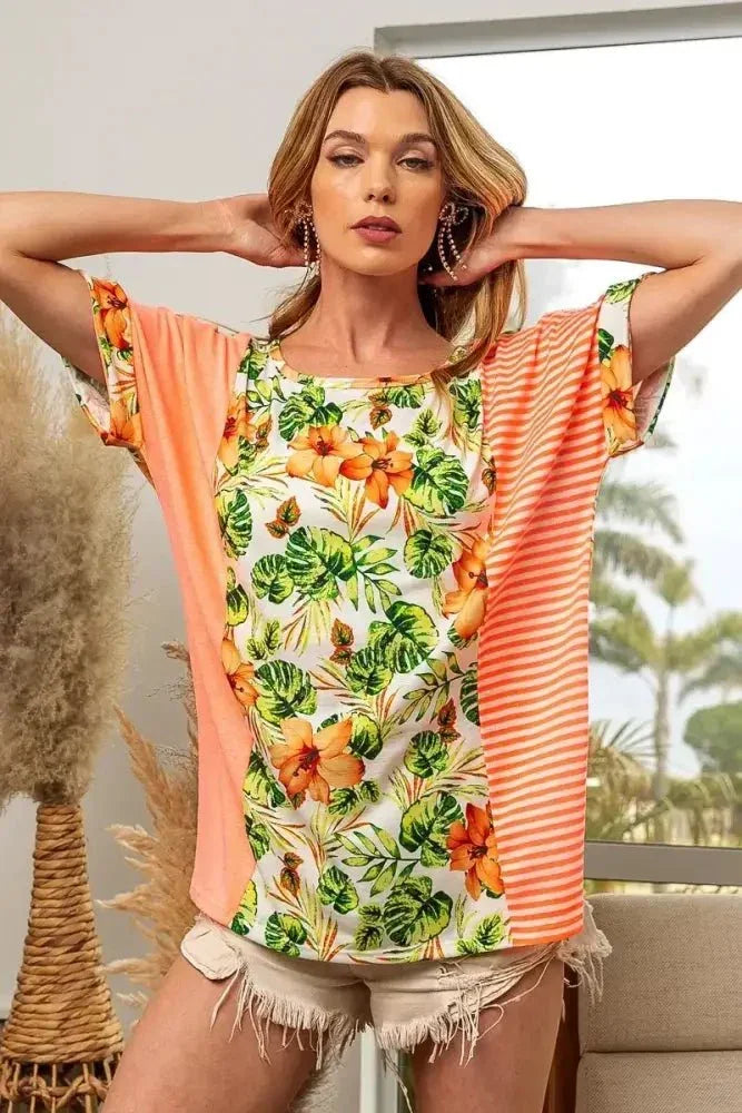BiBi Floral W Stripe Color Block Dolman Sleeves Top - Update AvenueT-ShirtsTrendsi1001005218217501001005218217508922e383d55e4fddbad37b305a9fe17c - Max - OriginNEON ORANGE COMBO
