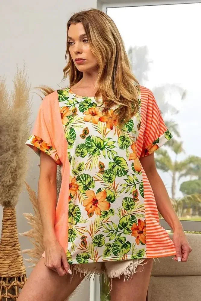 BiBi Floral W Stripe Color Block Dolman Sleeves Top - Update AvenueT-ShirtsTrendsi100100521821750100100521821750c3679fa8278f4762b8fd38c13d4420a8 - Max - OriginNEON ORANGE COMBO