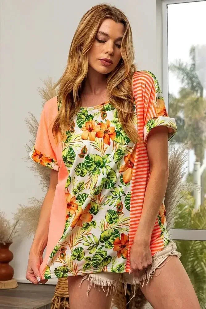 BiBi Floral W Stripe Color Block Dolman Sleeves Top - Update AvenueT-ShirtsTrendsi1001005218217501001005218217500e22fb46545b487192e96869dc6805be - Max - OriginNEON ORANGE COMBO