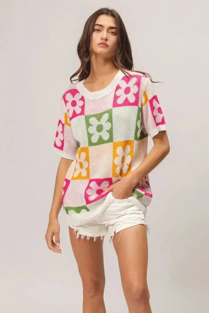 BiBi Flower Checker Pattern Lightweight Sweater Top - Update AvenueTrendsi100100143751872100100143751872724660aaccef4d348e6ac1942b3b9cf3 - Max - OriginIVRY/FUCH/OLIVE/MUST