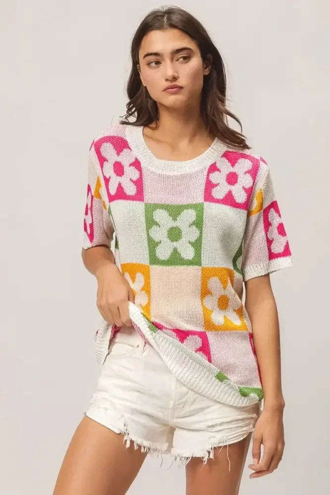 BiBi Flower Checker Pattern Lightweight Sweater Top - Update AvenueTrendsi100100143751872100100143751872c86b21edc0c14814a13268e991c38d52 - Max - OriginIVRY/FUCH/OLIVE/MUST