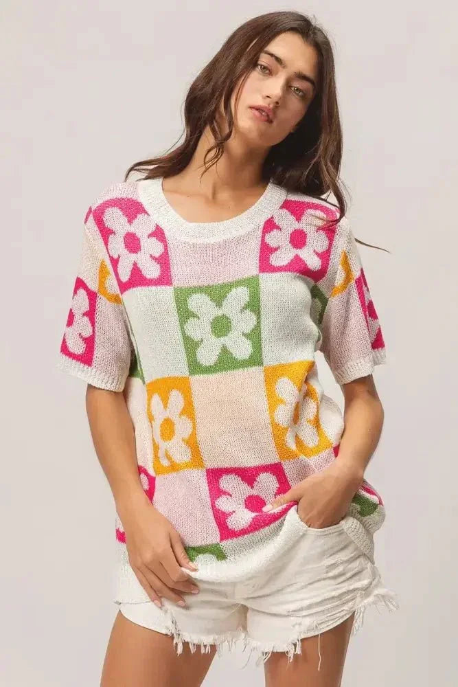 BiBi Flower Checker Pattern Lightweight Sweater Top - Update AvenueTrendsi1001001437518721001001437518721027a38883824328b780312adcdfca0d - Max - OriginIVRY/FUCH/OLIVE/MUST