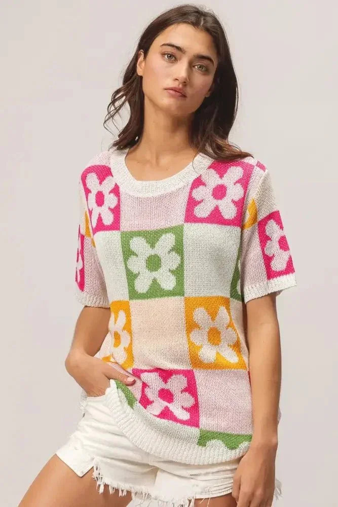BiBi Flower Checker Pattern Lightweight Sweater Top - Update AvenueTrendsi1001001437518721001001437518727359c7645ee6421b820994db33c3cf2b - Max - OriginIVRY/FUCH/OLIVE/MUST