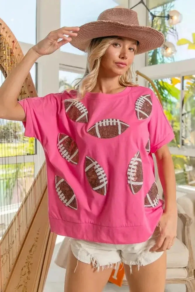 BiBi Game Day Sequins Patched Half Sleeves Top - Update AvenueT-ShirtsTrendsi1001006383518971001006383518977039e4603d6b42c6a757cb2c2c619d81 - Max - OriginHOT PINK