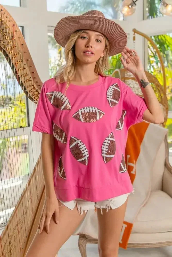 BiBi Game Day Sequins Patched Half Sleeves Top - Update AvenueT-ShirtsTrendsi1001006383518971001006383518975f2b807ea4384656aebe1a7c75b8db53 - Max - OriginHOT PINK