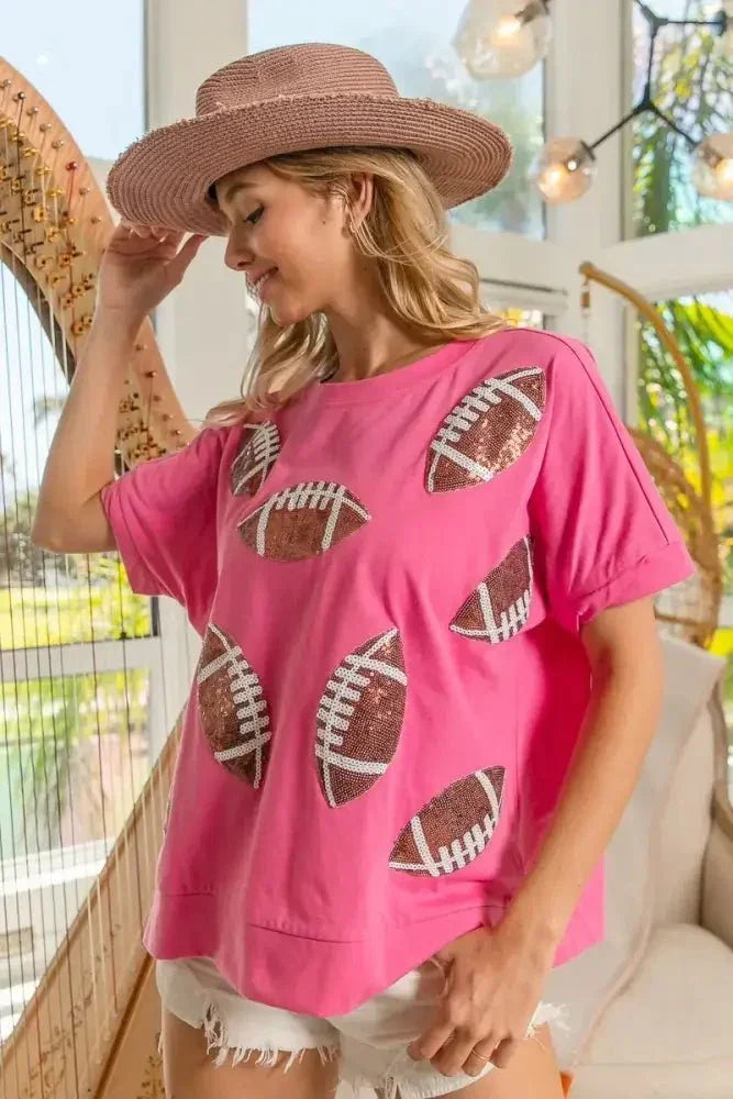 BiBi Game Day Sequins Patched Half Sleeves Top - Update AvenueT-ShirtsTrendsi10010063835189710010063835189732773cbc692e49acbf295f50c667f3c6 - Max - OriginHOT PINK