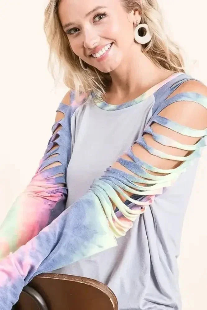 BiBi Jersey Knit Top with Tie Dye Laser Cut Sleeves - Update AvenueT-ShirtsTrendsi100100076501370100100076501370cf5f04251cae4375b14d3976c04b6259 - Max - OriginICE GREY