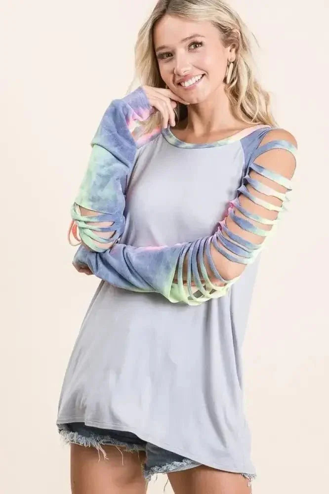 BiBi Jersey Knit Top with Tie Dye Laser Cut Sleeves - Update AvenueT-ShirtsTrendsi100100076501370100100076501370cb004a1586e24e378861e3edb3f61ee4 - Max - OriginICE GREY
