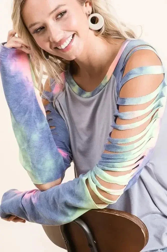 BiBi Jersey Knit Top with Tie Dye Laser Cut Sleeves - Update AvenueT-ShirtsTrendsi10010007650137010010007650137082bd9da6e24449ccab2f4037b9fd9921 - Max - OriginICE GREY