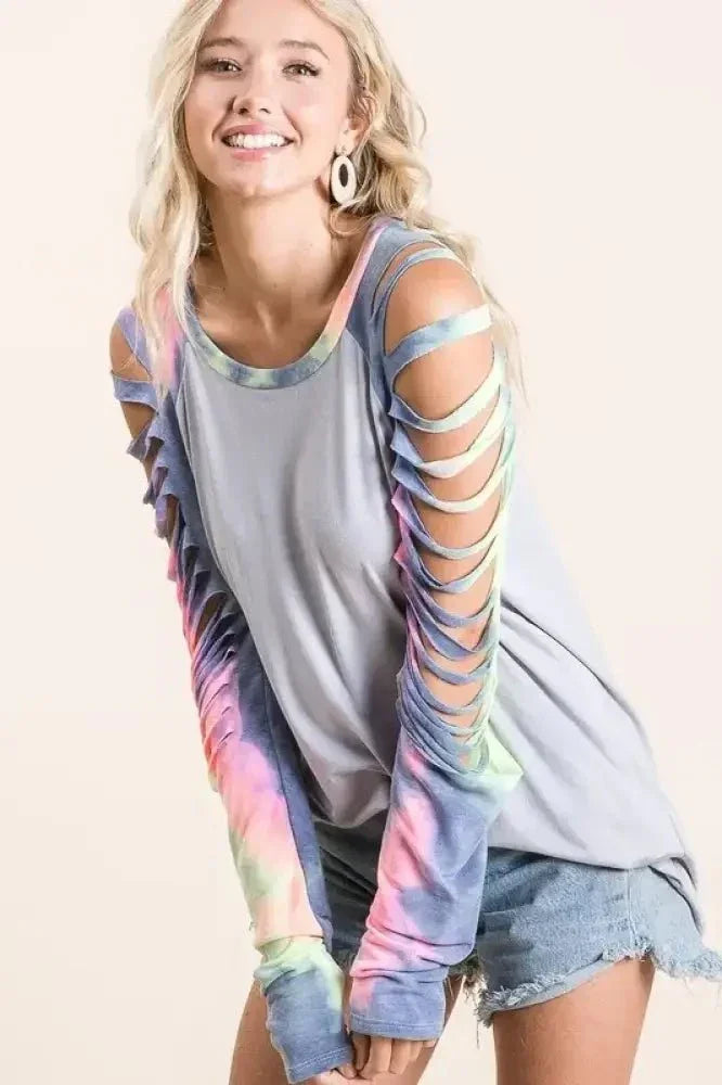 BiBi Jersey Knit Top with Tie Dye Laser Cut Sleeves - Update AvenueT-ShirtsTrendsi100100076501370100100076501370e8284bf4a8ff46f1b0e00270f7ab8889 - Max - OriginICE GREY