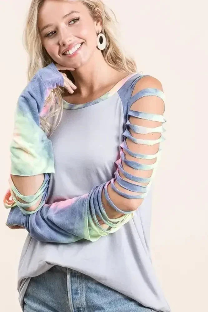 BiBi Jersey Knit Top with Tie Dye Laser Cut Sleeves - Update AvenueT-ShirtsTrendsi10010007650137010010007650137075f25ae8fd374d3382643925714f4fab - Max - OriginICE GREY