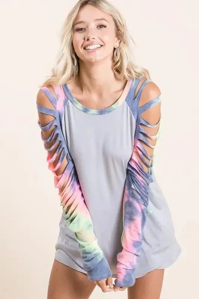 BiBi Jersey Knit Top with Tie Dye Laser Cut Sleeves - Update AvenueT-ShirtsTrendsi10010007650137010010007650137013e5ec6bf7884db292daac1326a7a8c9 - Max - OriginICE GREY