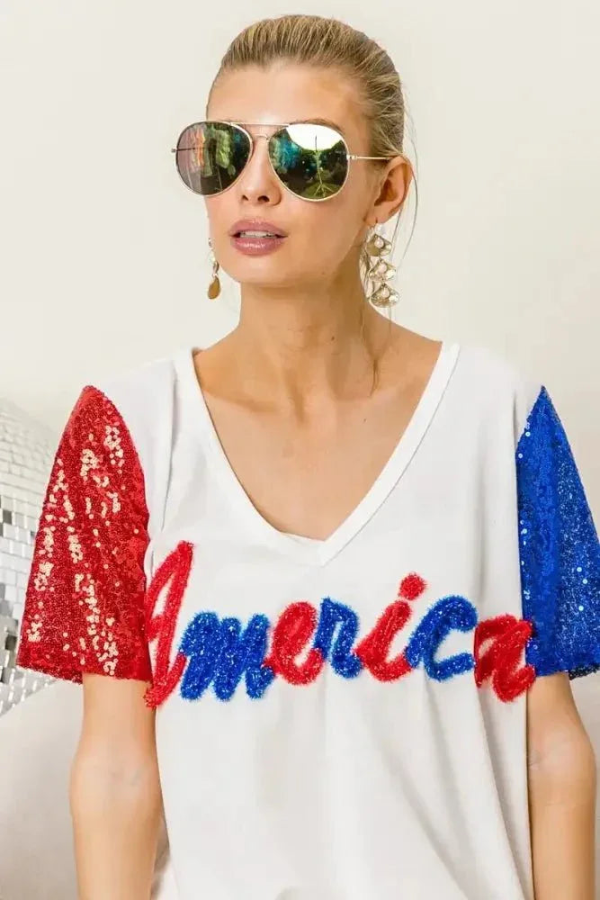 BiBi Metallic Letter V - neck Sequin Sleeves Top - Update AvenueT-ShirtsTrendsi1001000149112891001000149112897f51c4685433463a90d5ddb443d2aa10 - Max - OriginOFF WHITE