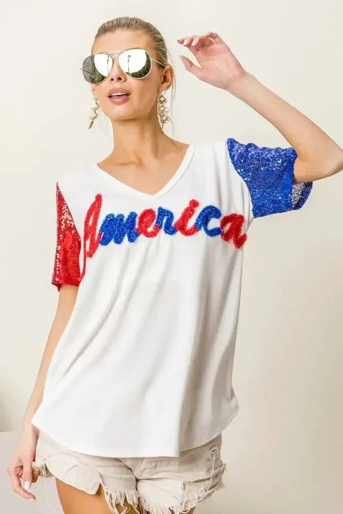 BiBi Metallic Letter V - neck Sequin Sleeves Top - Update AvenueT-ShirtsTrendsi1001000149112891001000149112895ebebd32fe084c818fa51170381729eb - Max - OriginOFF WHITE