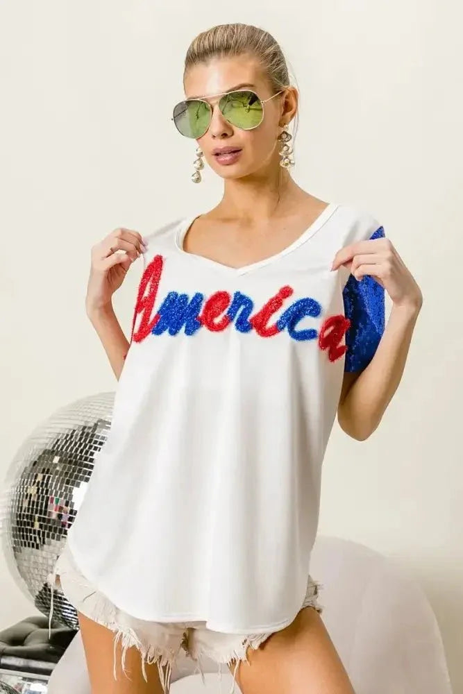 BiBi Metallic Letter V - neck Sequin Sleeves Top - Update AvenueT-ShirtsTrendsi1001000149112891001000149112892be379c3dffc4ed786a25707f1dd5cd0 - Max - OriginOFF WHITE