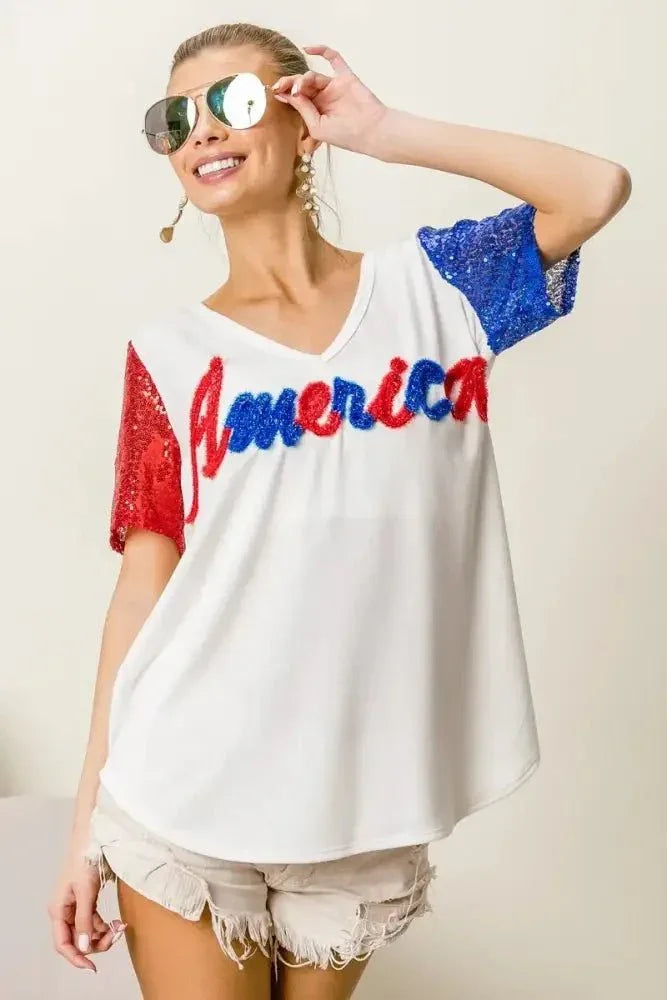 BiBi Metallic Letter V - neck Sequin Sleeves Top - Update AvenueT-ShirtsTrendsi100100014911289100100014911289bc44ad3734c94e4ebd856e3b7f97e587 - Max - OriginOFF WHITE