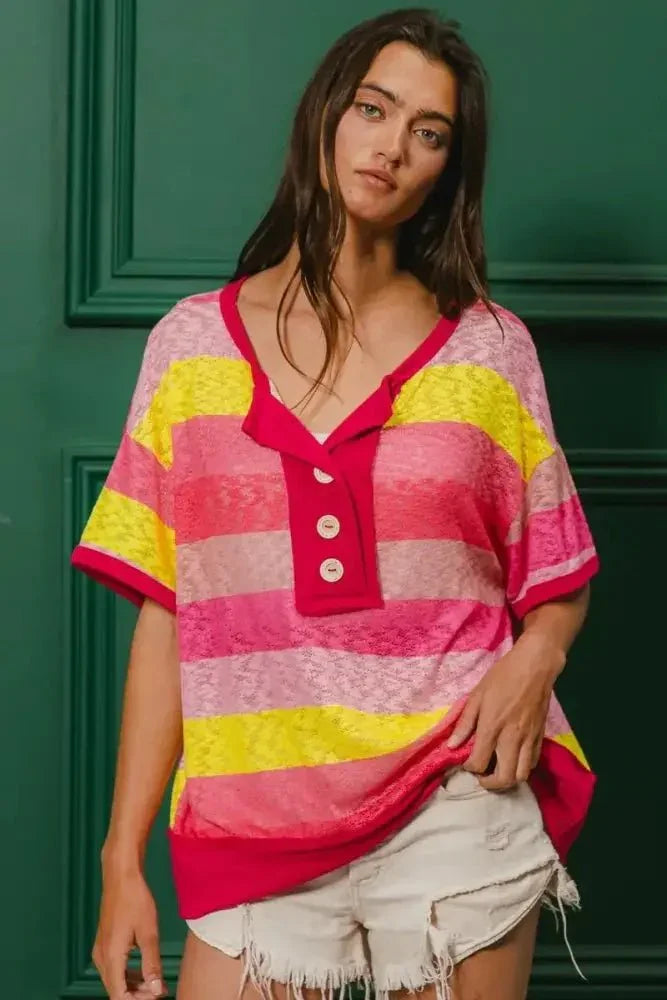 BiBi Multi Color Stripe Hacci Button Detail Ringer Top - Update AvenueT-ShirtsTrendsi1001000644918961001000644918961bdbfdbec3654c519272187f94a860ba - Max - OriginFUCHSIA/YELLOW