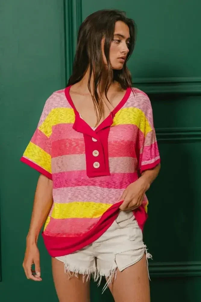 BiBi Multi Color Stripe Hacci Button Detail Ringer Top - Update AvenueT-ShirtsTrendsi100100064491896100100064491896fa660930638a4ab78049a2bcbc463ea5 - Max - OriginFUCHSIA/YELLOW