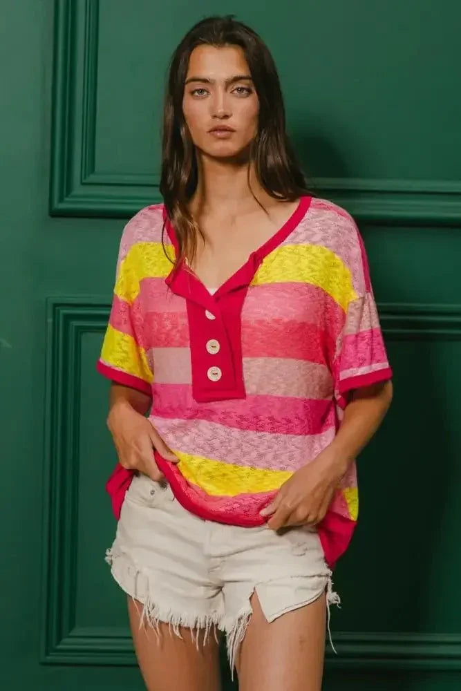BiBi Multi Color Stripe Hacci Button Detail Ringer Top - Update AvenueT-ShirtsTrendsi100100064491896100100064491896b61d297c314e432db724474ab24f549a - Max - OriginFUCHSIA/YELLOW