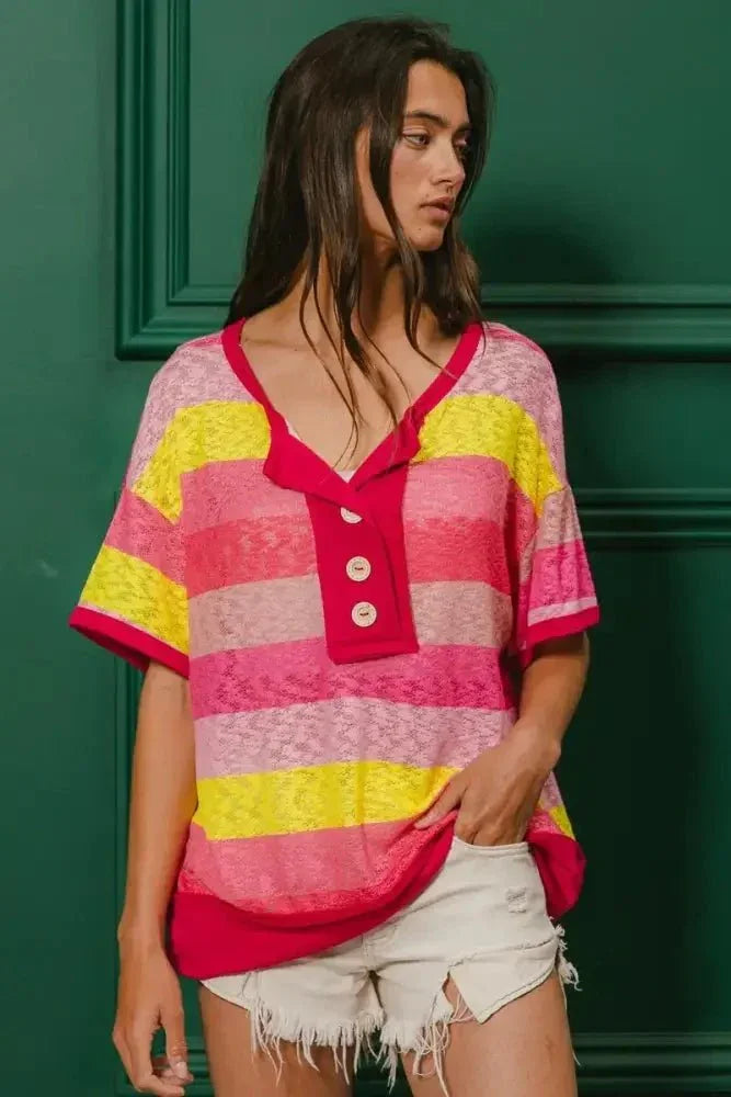 BiBi Multi Color Stripe Hacci Button Detail Ringer Top - Update AvenueT-ShirtsTrendsi10010006449189610010006449189666a4bdbdea044dd5b42a85911e871e9c - Max - OriginFUCHSIA/YELLOW