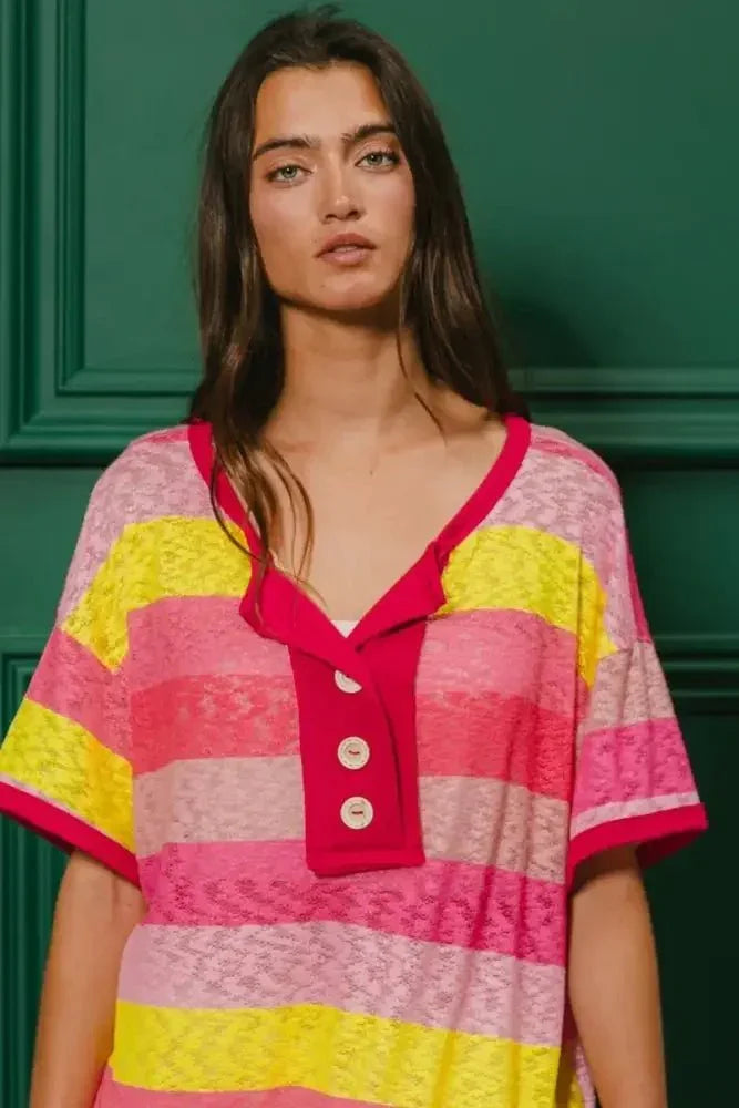 BiBi Multi Color Stripe Hacci Button Detail Ringer Top - Update AvenueT-ShirtsTrendsi100100064491896100100064491896d52e51ea0caf4de8b1b088441a21a55b - Max - OriginFUCHSIA/YELLOW