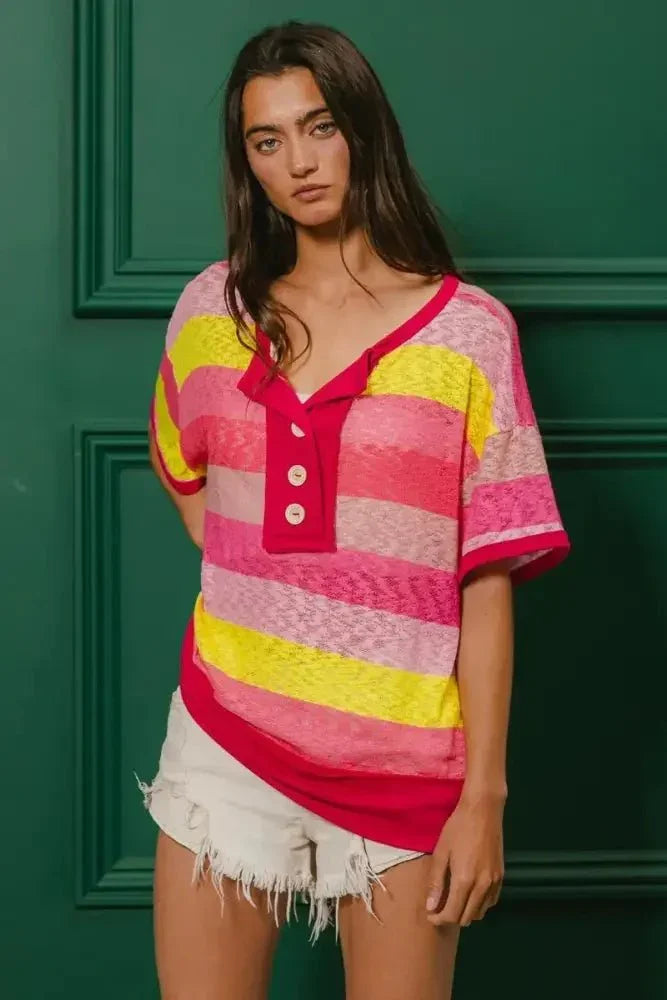 BiBi Multi Color Stripe Hacci Button Detail Ringer Top - Update AvenueT-ShirtsTrendsi100100064491896100100064491896e0981f18c0fc4352886e492db8adda18 - Max - OriginFUCHSIA/YELLOW
