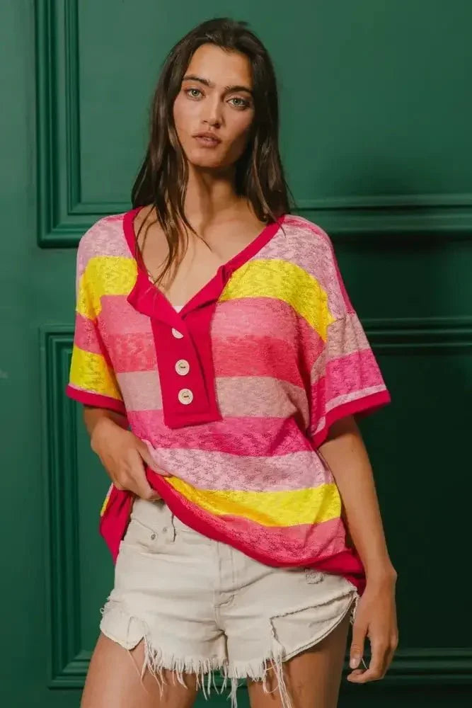 BiBi Multi Color Stripe Hacci Button Detail Ringer Top - Update AvenueT-ShirtsTrendsi100100064491896100100064491896f08a81ee64664fdcadb21910fe4b1c70 - Max - OriginFUCHSIA/YELLOW