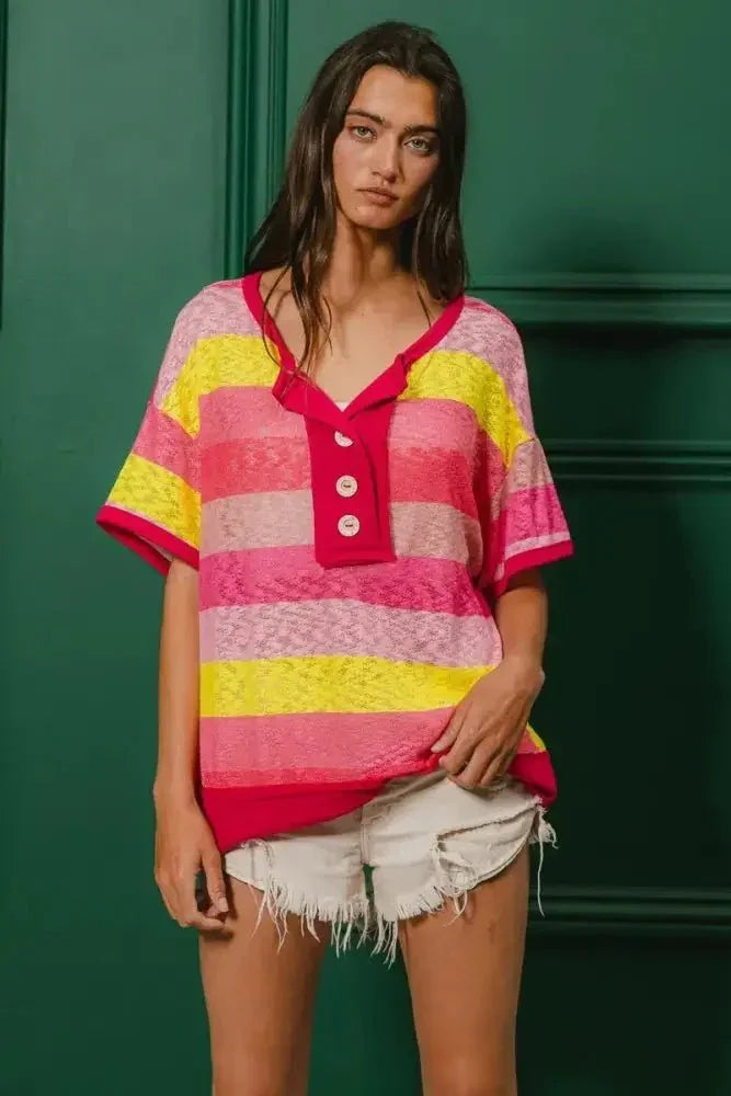 BiBi Multi Color Stripe Hacci Button Detail Ringer Top - Update AvenueT-ShirtsTrendsi10010006449189610010006449189614498748d2bb4ec89d263d6e30e708d9 - Max - OriginFUCHSIA/YELLOW
