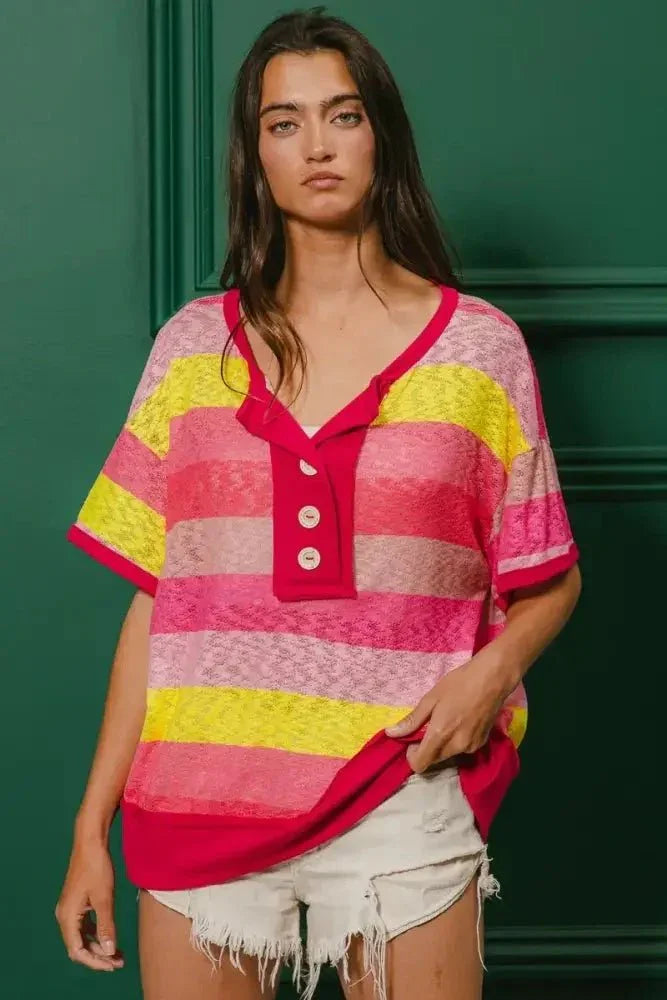 BiBi Multi Color Stripe Hacci Button Detail Ringer Top - Update AvenueT-ShirtsTrendsi100100064491896100100064491896ab3ecc93c8594100b4495d5b65b66373 - Max - OriginFUCHSIA/YELLOW