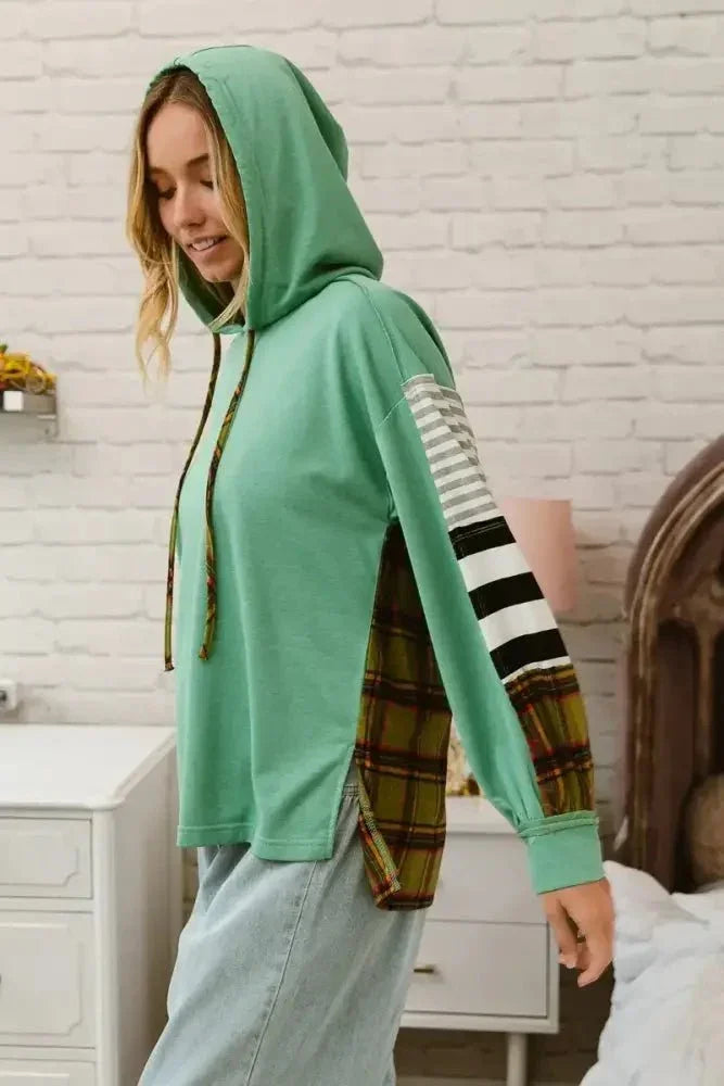BiBi Plaid With Stripes Mix Match French Terry Hoodie - Update AvenueTrendsi10010097364129410010097364129428d29f626193462eb61512211e486324 - Max - OriginDUSTY TEAL/LT OLIVE