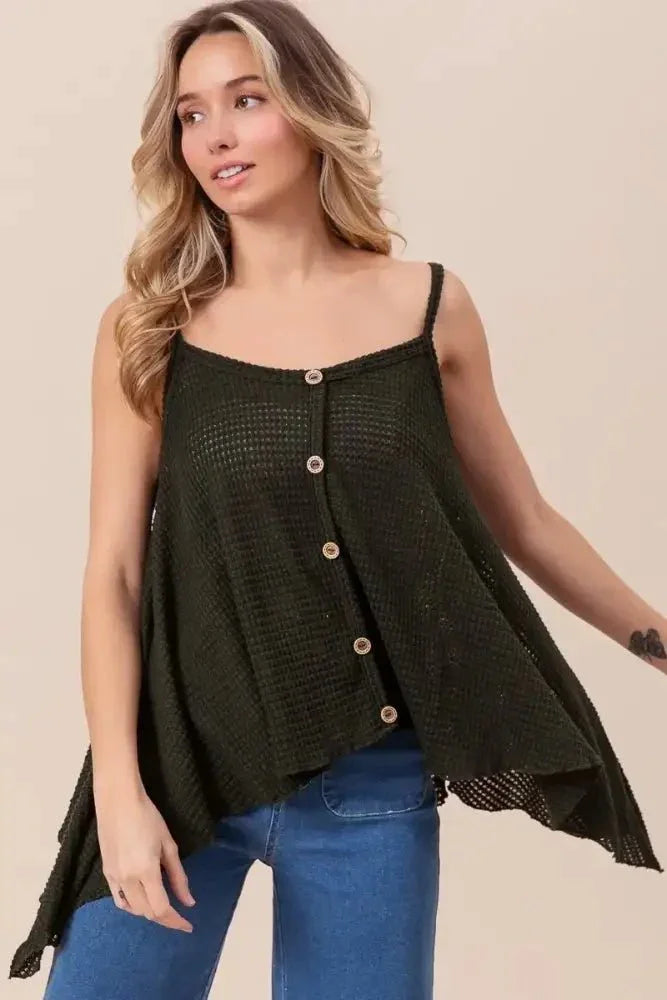 BiBi Popcorn Waffle Knit with Buttoned Front Cami Top - Update AvenueTrendsi100100548131227100100548131227f30178dbb8dc49bebe9a9da2ea1acc80 - Max - OriginBLACK