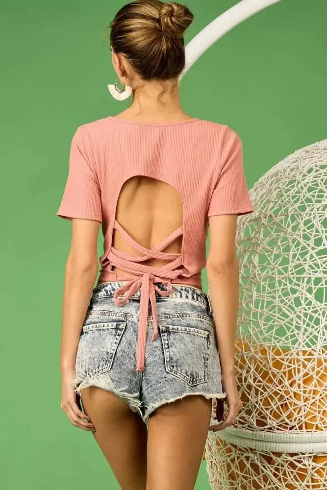 BiBi Rib Knit with Back Cross and Tied Detailed Top - Update AvenueT-ShirtsTrendsi10010032575132610010032575132601e9534d582c4b8394ca9ac332cfea52 - Max - OriginDUSTY PINK