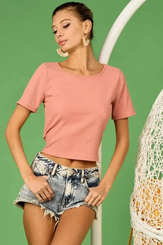 BiBi Rib Knit with Back Cross and Tied Detailed Top - Update AvenueT-ShirtsTrendsi100100325751326100100325751326b651c5ebe6df4a07b8df5f7663b7c39d - Max - OriginDUSTY PINK