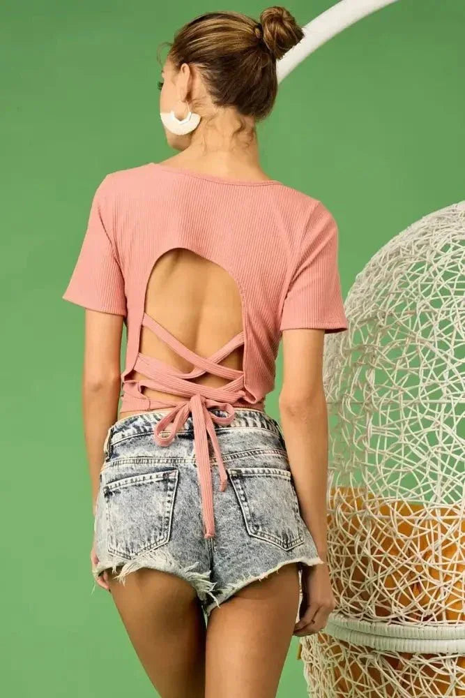 BiBi Rib Knit with Back Cross and Tied Detailed Top - Update AvenueT-ShirtsTrendsi1001003257513261001003257513267e6a5145a63941f39dc9144b21295cfc - Max - OriginDUSTY PINK