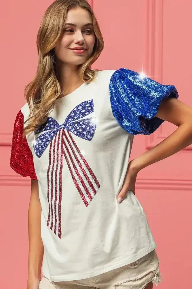 BiBi Sequin American Flag Bow Top - Update AvenueT-ShirtsTrendsi1001004620311641001004620311648b24010957fc4bb0b64f627e6618434b - Max - OriginOFF WHITE