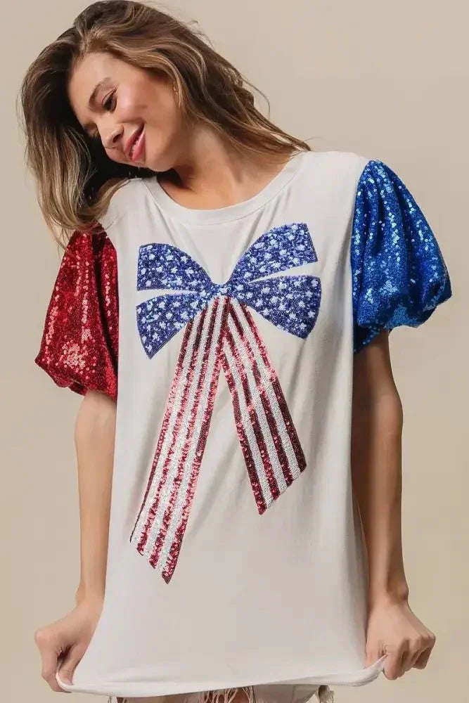 BiBi Sequin American Flag Bow Top - Update AvenueT-ShirtsTrendsi10010046203116410010046203116476901b22a84543d8bcbaeea278e47d2d - Max - OriginOFF WHITE