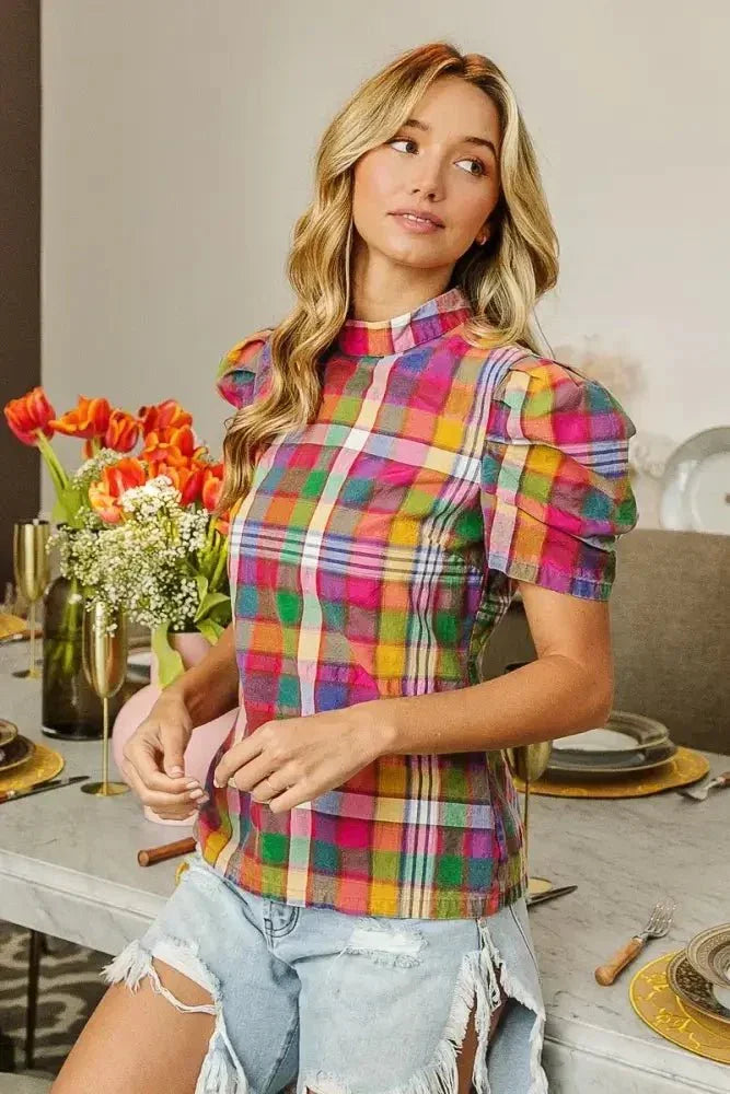 BiBi Short Puff Sleeve Washed Vintage Plaid Top - Update AvenueTrendsi100100739391545100100739391545986645dae91047a1b33e480485548713 - Max - OriginSTAINED GLASS