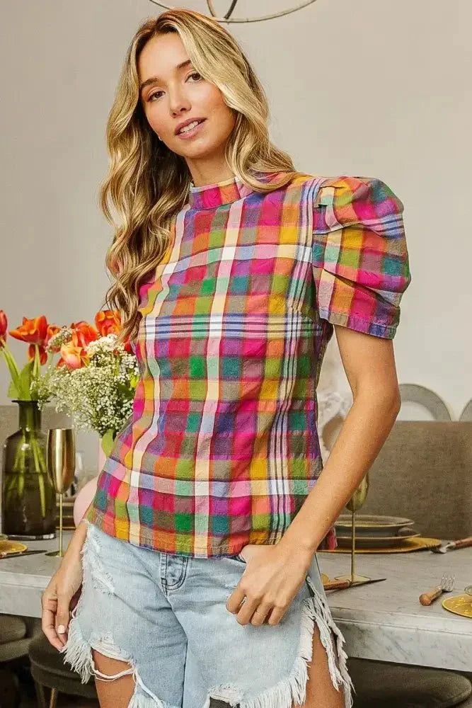BiBi Short Puff Sleeve Washed Vintage Plaid Top - Update AvenueTrendsi10010073939154510010073939154595699d8a03f74f528e03f2d1c043d723 - Max - OriginSTAINED GLASS