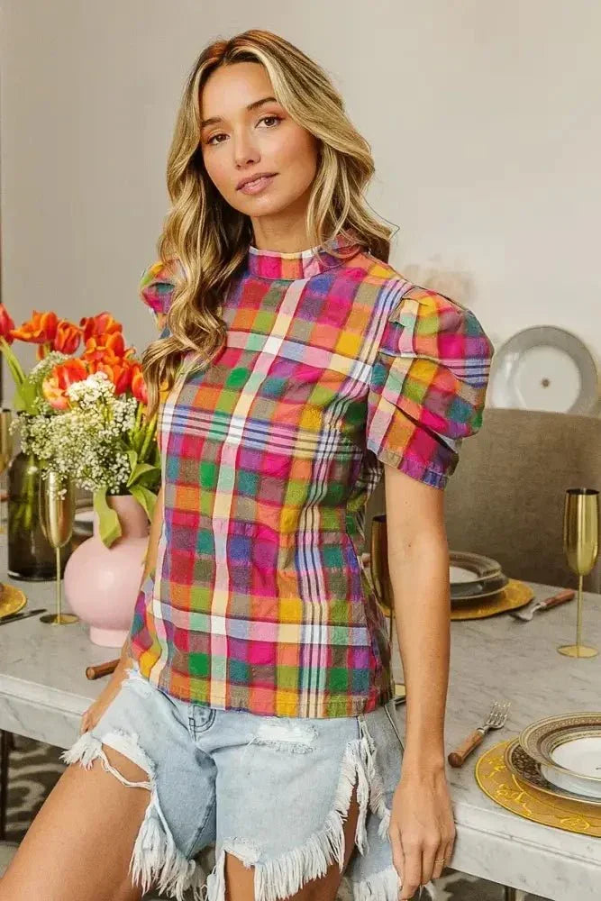 BiBi Short Puff Sleeve Washed Vintage Plaid Top - Update AvenueTrendsi100100739391545100100739391545d52dc7748f3e49cd881f6500bd750c7c - Max - OriginSTAINED GLASS