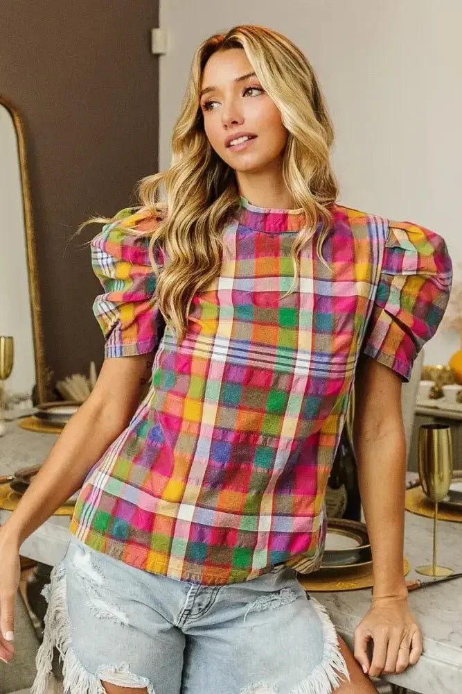 BiBi Short Puff Sleeve Washed Vintage Plaid Top - Update AvenueTrendsi1001007393915451001007393915452f2ed26bbca8475e8a6f449f4ceabc5c - Max - OriginSTAINED GLASS
