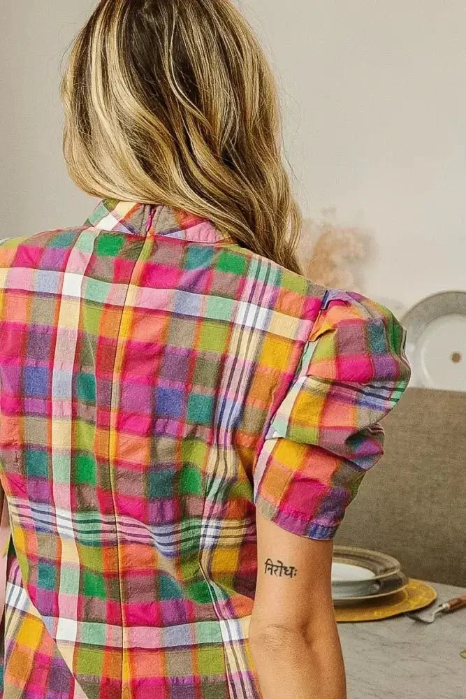 BiBi Short Puff Sleeve Washed Vintage Plaid Top - Update AvenueTrendsi1001007393915451001007393915452ce9f85285d34bddb7442627fdc7168e - Max - OriginSTAINED GLASS