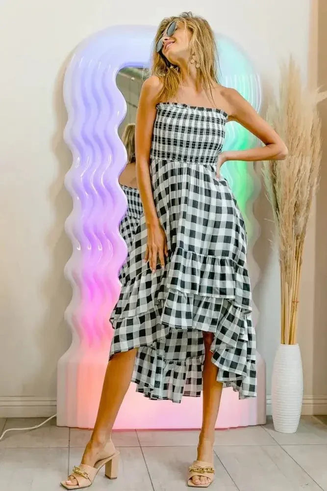 BiBi Smocked Body Off Shoulder Check Dress - Update AvenueTrendsi1001002079913791001002079913795c5504726a554891830e24c86b5e41a9 - Max - OriginBLACK/IVORY