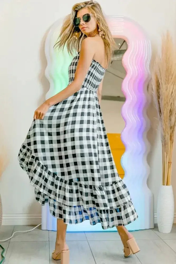 BiBi Smocked Body Off Shoulder Check Dress - Update AvenueTrendsi100100207991379100100207991379be72035a517d41b7bda788b4d46f0cc8 - Max - OriginBLACK/IVORY
