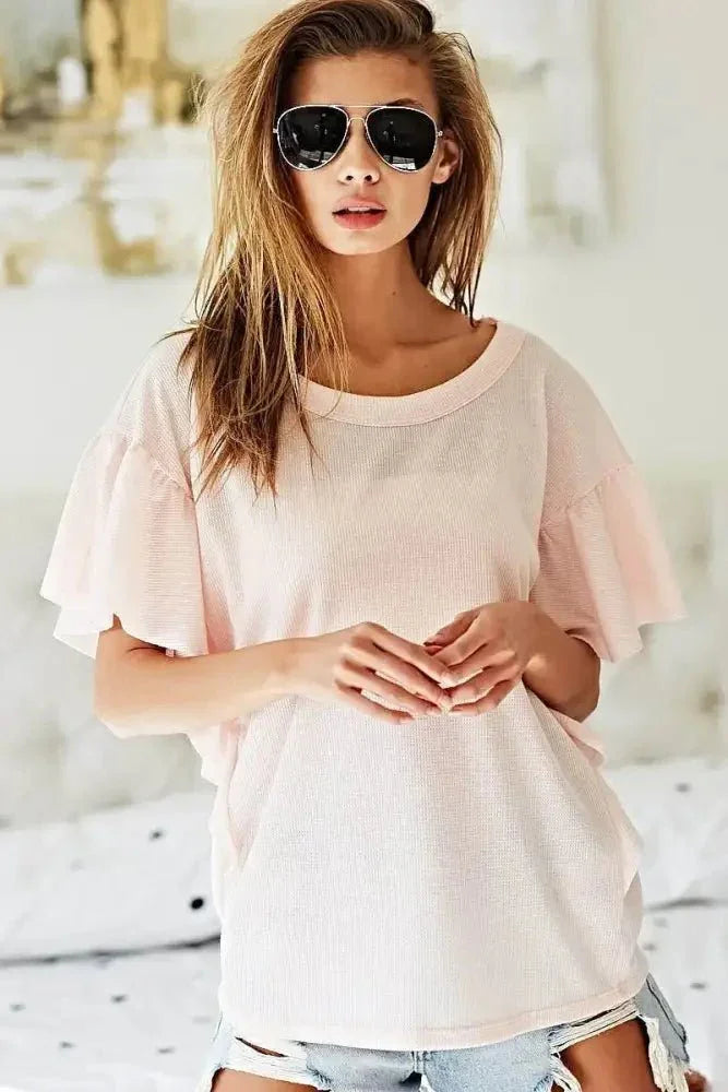 BiBi Thermal Knit with Ruffled Sleeve Top - Update AvenueT-ShirtsTrendsi100100818871031100100818871031286f1f69388644ba8d6b3ff28b42c465 - Max - OriginPINK