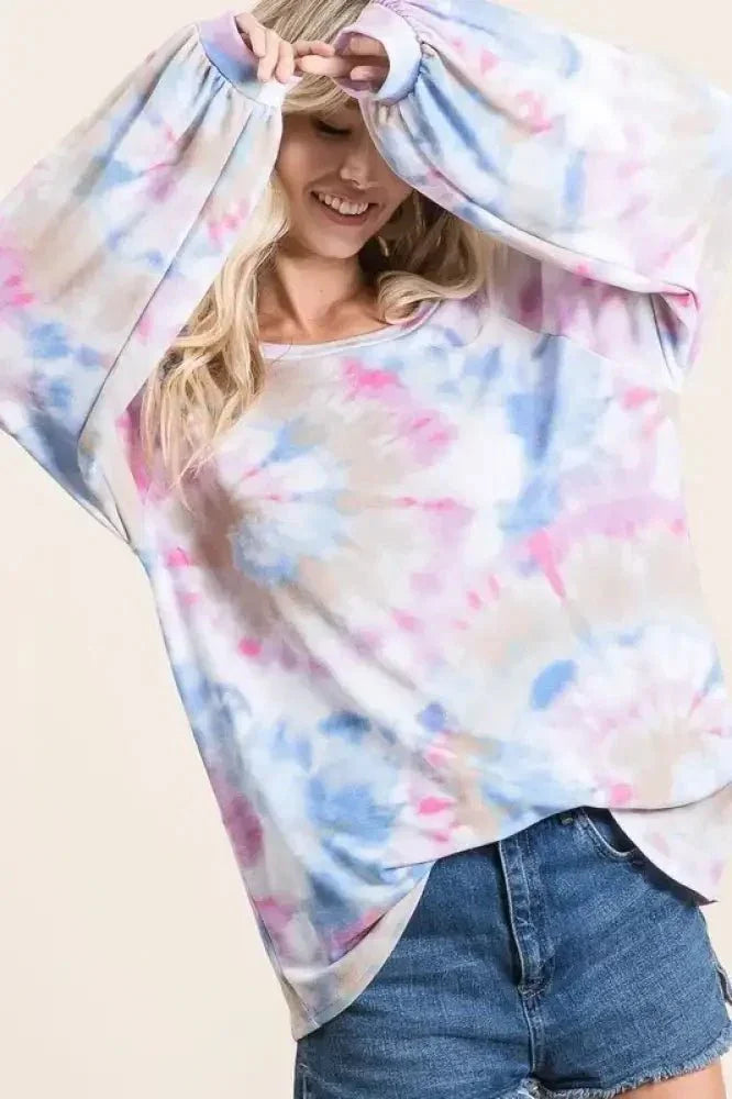 BiBi Tie Dye Print Terry Top With Puff Sleeves - Update AvenueT-ShirtsTrendsi100100342001704100100342001704c2795e5869474ef3952d0d22cadd81d0 - Max - OriginBLUE MULTI