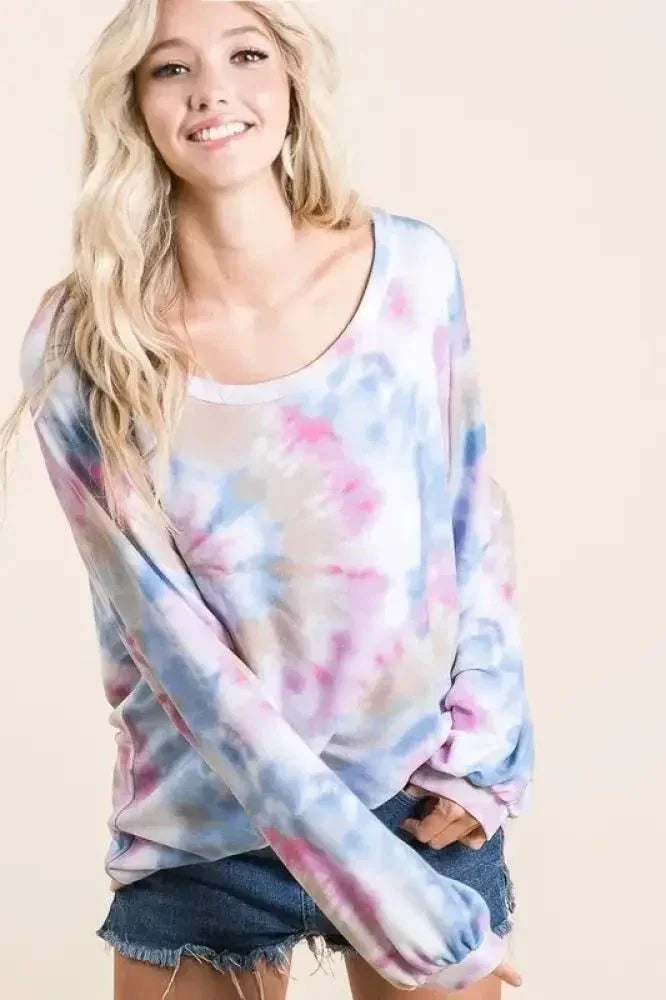 BiBi Tie Dye Print Terry Top With Puff Sleeves - Update AvenueT-ShirtsTrendsi100100342001704100100342001704066a0b527f114baea6f0aedcfc5062c1 - Max - OriginBLUE MULTI