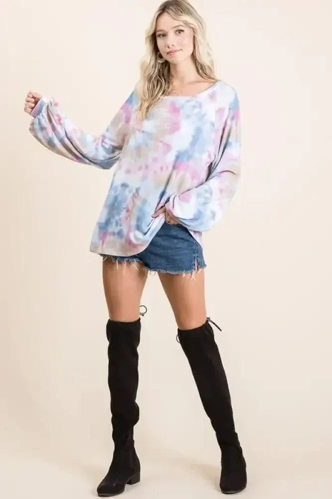 BiBi Tie Dye Print Terry Top With Puff Sleeves - Update AvenueT-ShirtsTrendsi100100342001704100100342001704526182095b154bd9bc43059984438d29 - Max - OriginBLUE MULTI